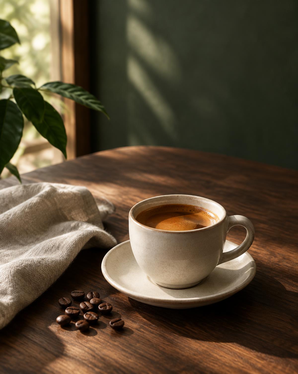 Cafea servită într-o ceașcă de ceramică, în lumină naturală